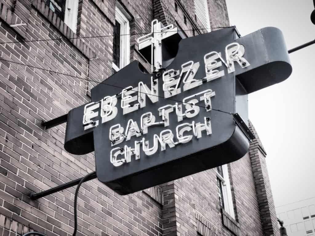 Ebenezer Baptist Church sign in black and white.