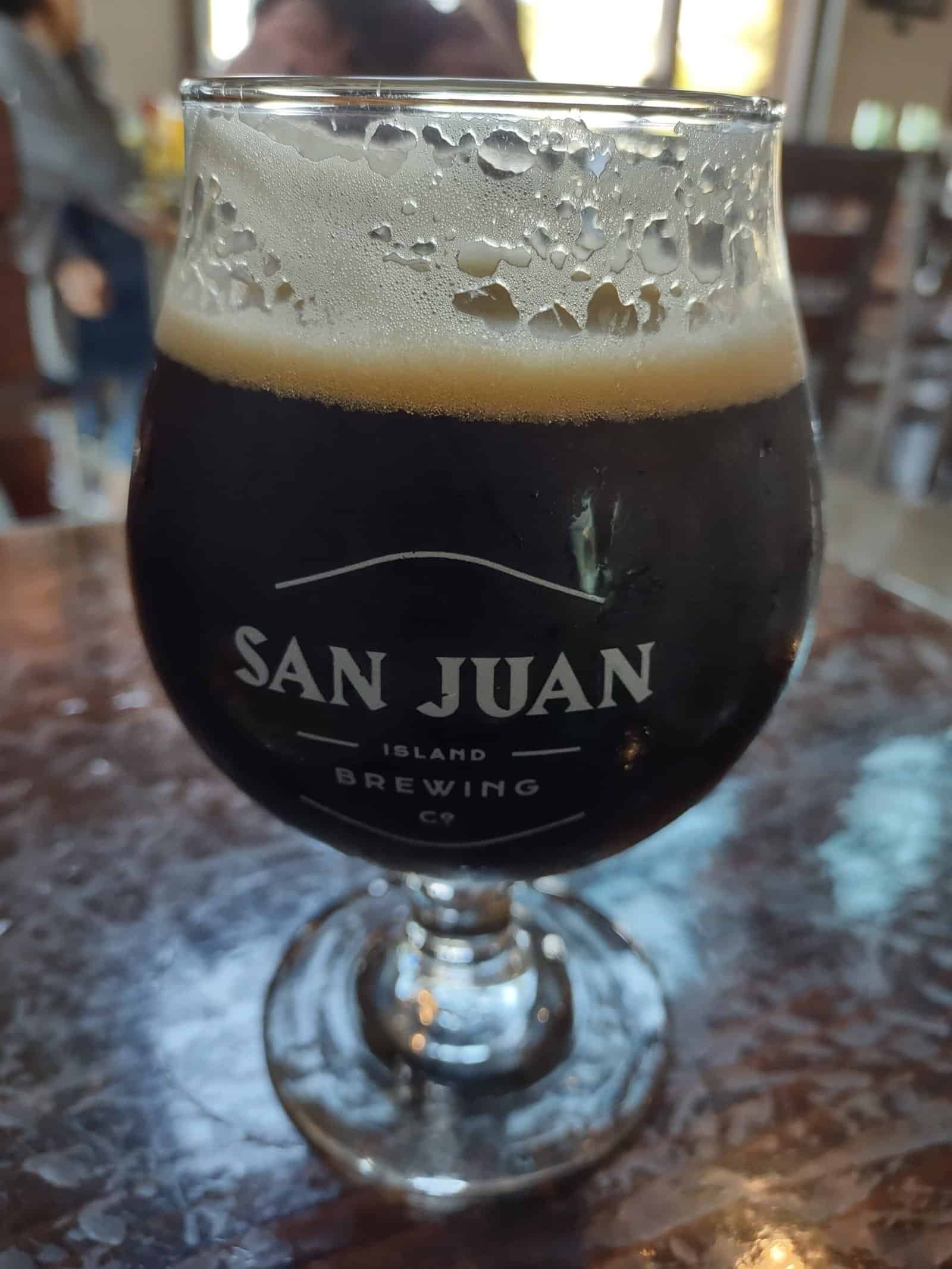 A dark beer in a glass from San Juan Island Brewing Company